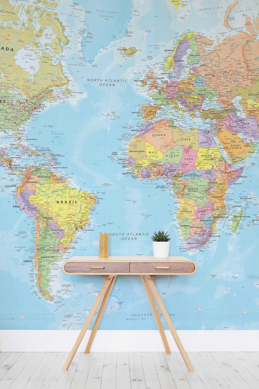 Textbook-style World Map Wallpaper Mural