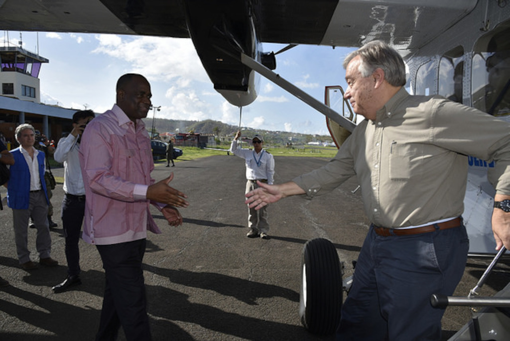 UN Secretary-General António Guterres greets Prime Minister of Dominica Hon. Roosevelt Skerrit as he disembarks aircraft.