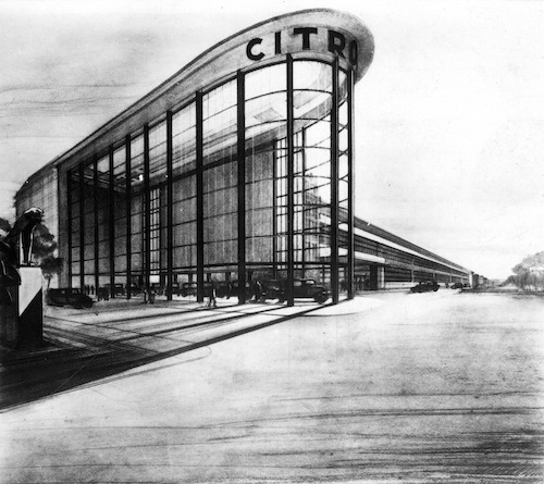 Alexis Dumont (1877-1963) et Marcel Van Goethem (1900-1959), bâtiment<br/> Citroën quai de Willebroeck<br/> perspective de la salle d’exposition<br/> des automobiles, 1933.<br/> © Archives d’Architecture Moderne