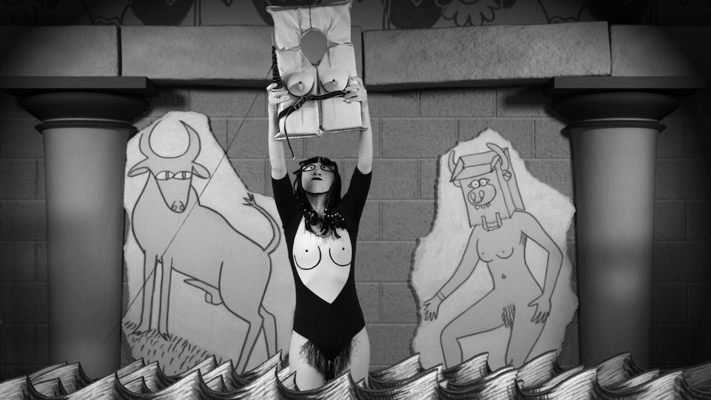 Mary Reid Kelley with Patrick Kelley. The Thong of Dionysus, 2015. High Definition Video (B&W, sound), 9:27 min.
