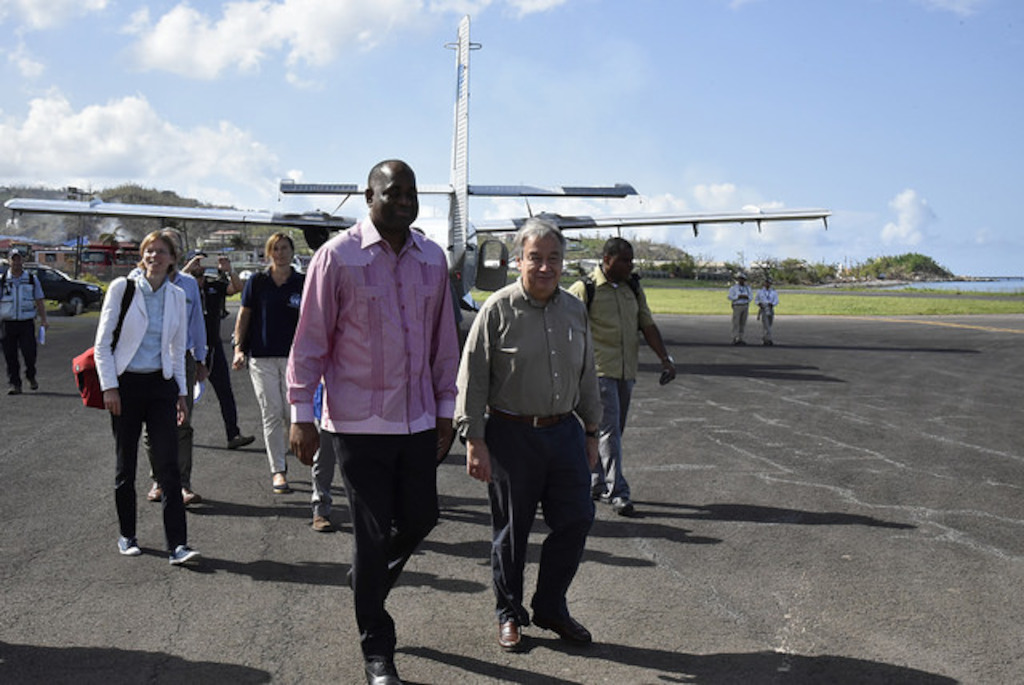 UN Secretary-General António Guterres and Prime Minister of Dominica Hon. Roosevelt Skerrit prepare for departure to the Kalinago Territory.