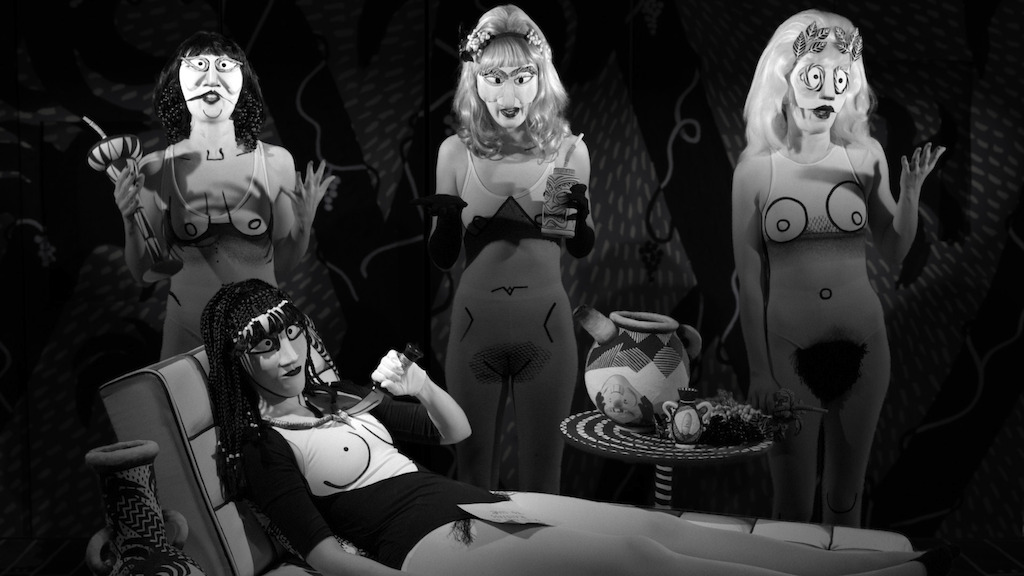 Mary Reid Kelley with Patrick Kelley. The Thong of Dionysus, 2015. High Definition Video (B&W, sound), 9:27 min.