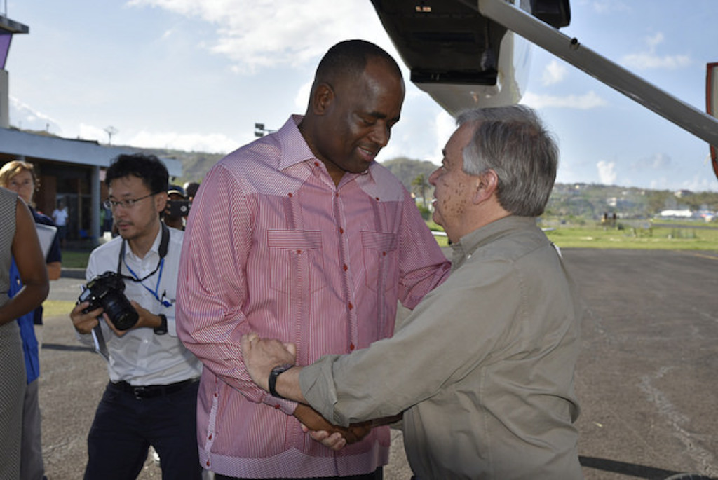 UN Secretary-General António Guterres greets Prime Minister of Dominica Hon. Roosevelt Skerrit as he disembarks aircraft.