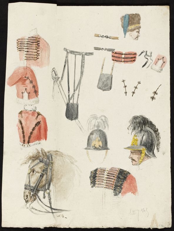 Jean-Baptiste Rubens, « Bataille de Waterloo, croquis par J.B. Rubens », <br/>Croquis d'uniformes des armées anglaise et hanovrienne. Crayon, plume et aquarelle.<br/>© Bibliothèque royale de Belgique