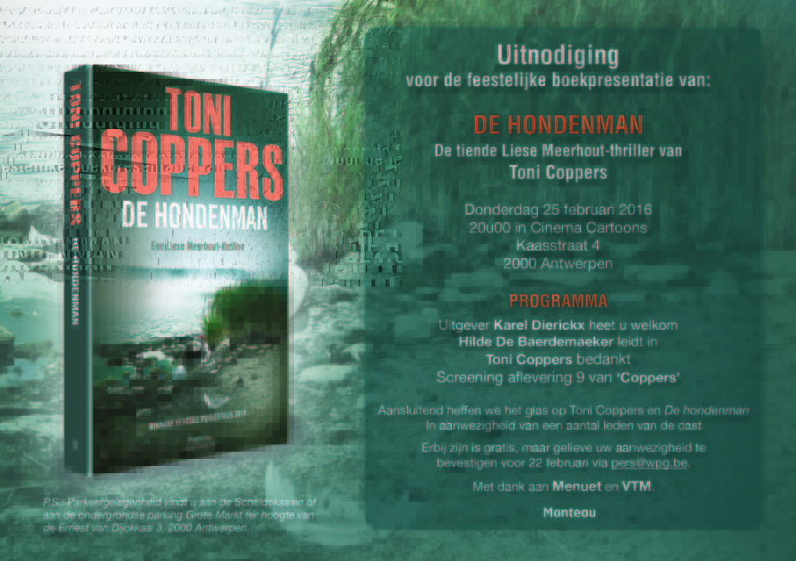 Uitnodiging lancering 'De hondenman', de tiende Liese Meerhout-thriller van Toni Coppers
