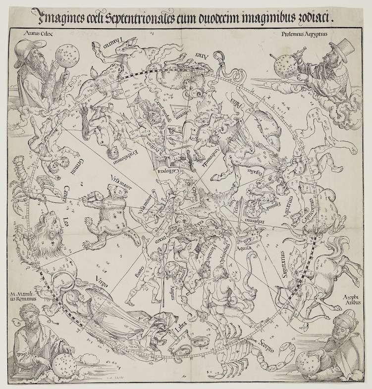 Imagines coeli septentrionales cum duodecim imaginibus zodiaci, Albrecht Dürer naar Conrad Heinfogel, 1515, Koninklijke Bibliotheek van België, Prentenkabinet, SII 23031.