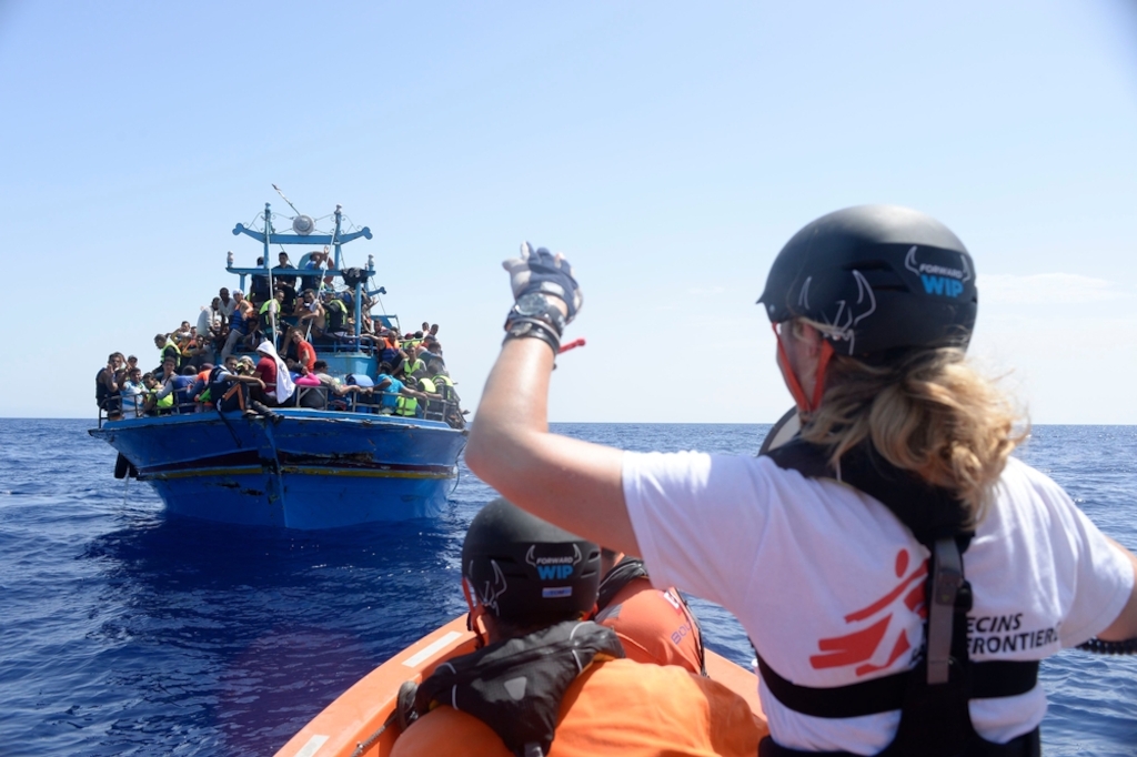 Photographer: Fransesco Zizola <br/><br/>Caption: 26th August 2015. A boat containing approximately 650 people is rescued in the Mediterranean Sea by the Bourbon Argos and taken to Sicily, Italy.