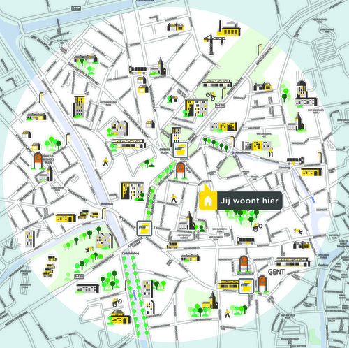 Groene Mobizone Rabot in Gent. Dit kaartje toont alle bus- en tramhaltes van De Lijn en autodeelstations van cambio in deze buurt.