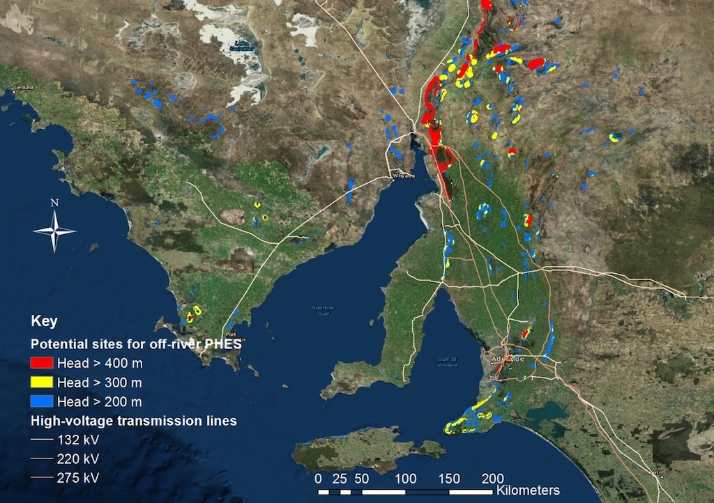 Map showing South Australia's extensive array of potential pumped hydro energy storage sites (excluding national parks and other protected areas). In general, larger heads (red areas) lead to lower cost.