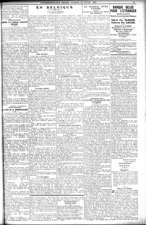 L'Indépendance Belge du 24 avril 1915 (imprimé en exile à Londres)