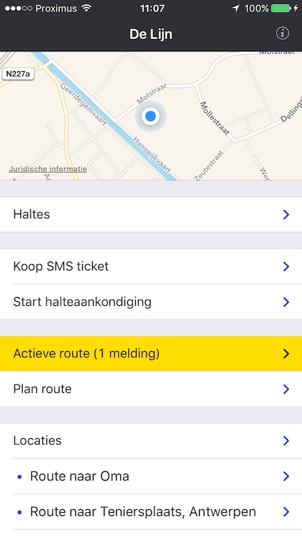 2. Startscherm als je een actieve route hebt geactiveerd. In dit concrete geval is er 1 melding (storing) voor de actieve route.