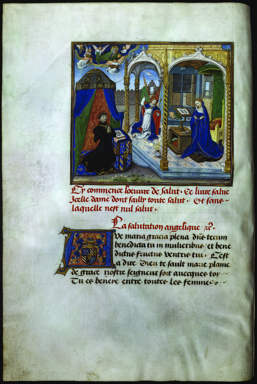 Philippe le Bon agenouillé en prière devant l’Annonciation<br/>miniature de Willem Vrelant dans le Traité sur la salutation angélique<br/>KBR-ms. 9270 – folio 2 verso