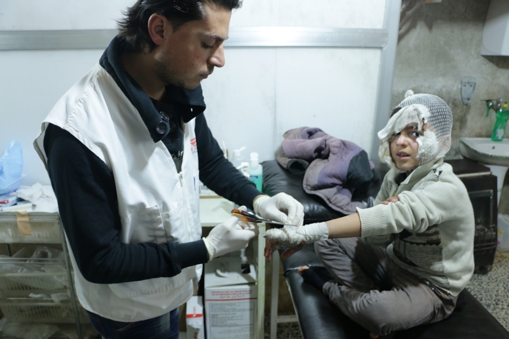 System identifier: MSF142748<br/>Title<br/>: Burned children supported by MSF in northern Syria<br/>Photographer / cameraman<br/>: Unknown Expat<br/>Countries:<br/>Syria <br/>Description<br/>: Besieged, bombed, attacked, displaced, the Syrian population is devastated by four<br/>years of war. Basic services - access to health care, water, electricity, food Ethnic foods are no longer<br/>available in most of the country's governorates. In IDP camps in Bab Al Hawa and Atme, living<br/>conditions are more than precariou