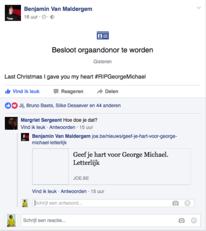 Facebookpost George Michael orgaandonor