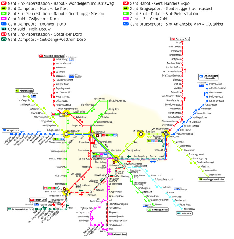 Netplan van het Gentse nachtnet van De Lijn.
