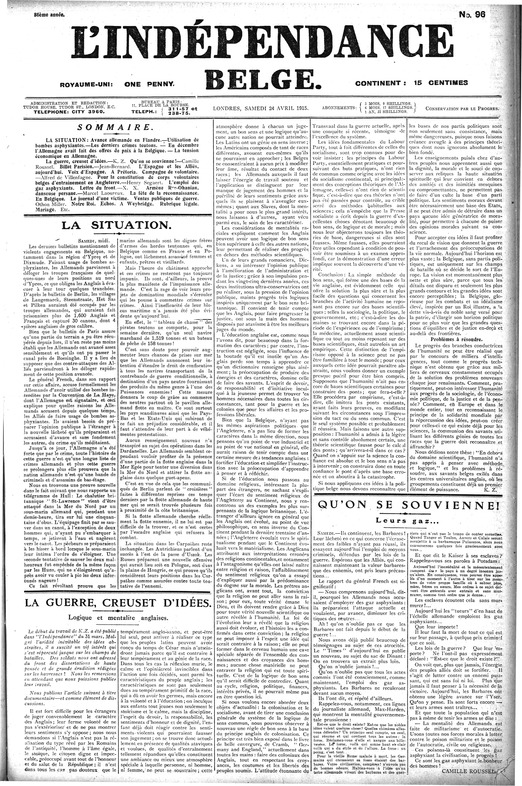 La une de l'Indépendance Belge du 24 avril 1915 (imprimé en exile à Londres)