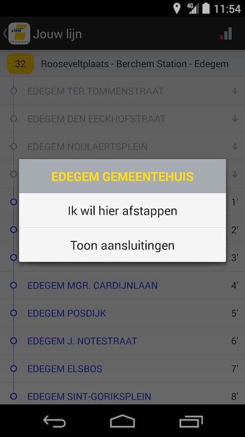 De Lijn - app halteaankondiging<br/>De reiziger kan zijn afstaphalte kiezen en aansluitende lijnen opvragen