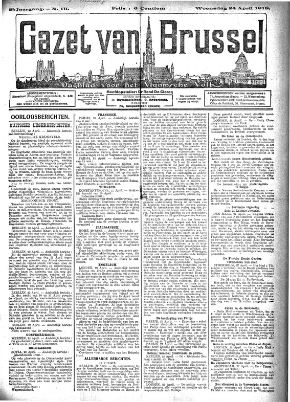 Voorpagina Gazet van Brussel, 24 april 1918