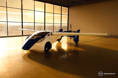 AeroMobil 3.0 airplane configuration in hangar sunset