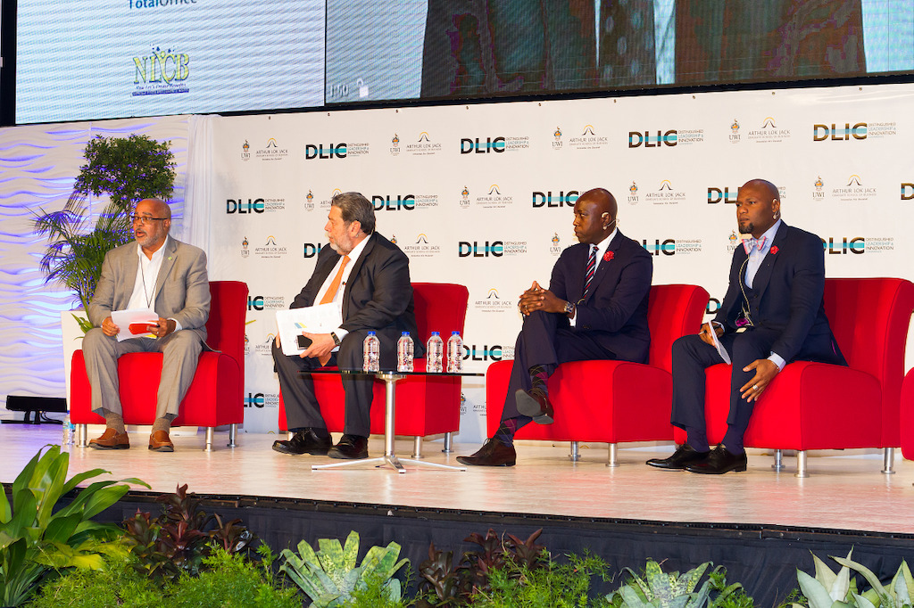 DLIC Panel Discussion (L-R: Dr. Didacus Jules, Director General of the OECS Commission; Hon. Dr. Ralph Gonzalves, Prime Minister of St Vincent and the Grenadines; Hon. Myron V. Walwyn, Minister of Education and Culture, British Virgin Islands; Hon. Michael Browne, Minister of Education Science and Technology, Antigua and Barbuda; and Sir Ken Robinson (contributing virtually.)