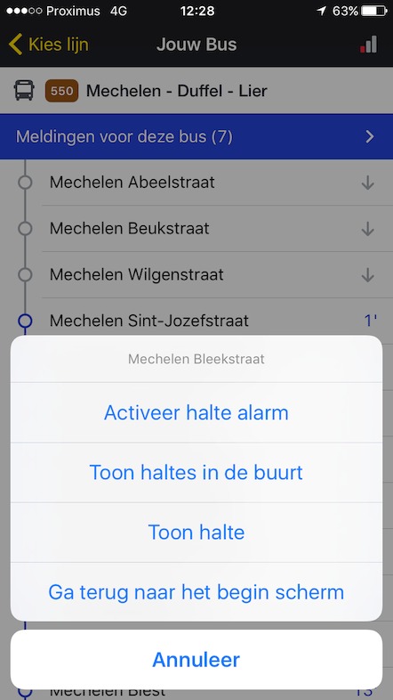 4. Je hebt in het vorige scherm je lijn geselecteerd. Vervolgens heb je op het 'parelsnoer' je afstaphalte gekozen. Daarvoor kan je nu een verwittiging instellen (of een andere optie kiezen).