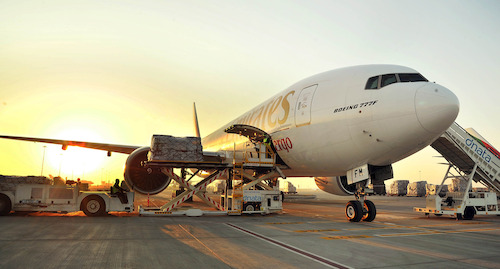Cargo being loaded onto Emirates’ Boeing 777F at the Dubai World Central’s Al Maktoum International Airport.