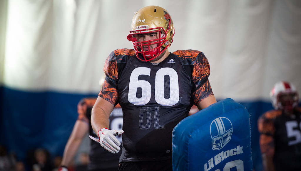 Sixth ranked prospect, Charles Vaillancourt goes through on-field drills at CFL Combine. Photo Credit: Johany Jutras/CFL.