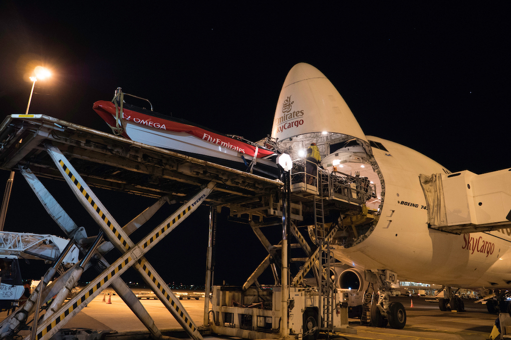 Emirates Team New Zealand's boat being loaded on the Emirates SkyCargo freighter