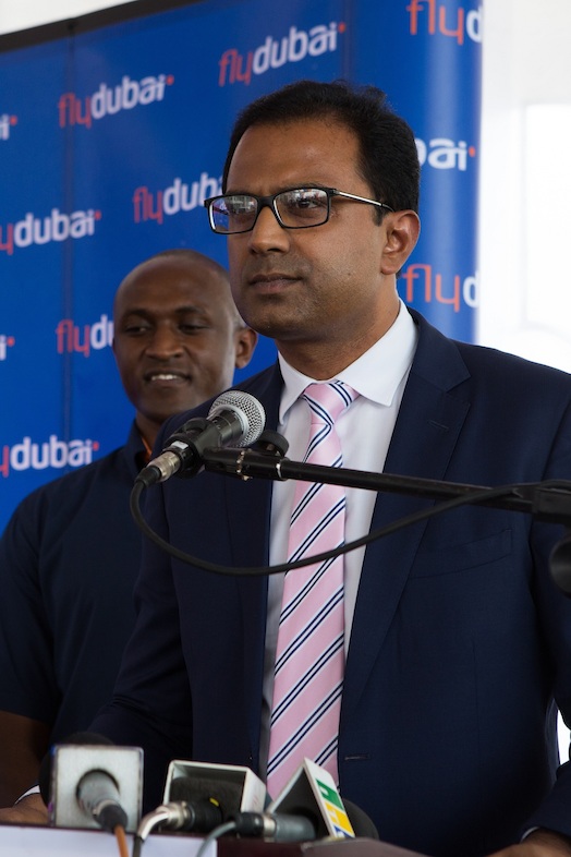 flydubai's SVP, Sudhir Sreedharan speaking at the press conference in Dar es Salaam