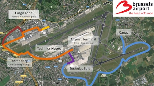 Traject proefproject zelfrijdende bus. Oranje = basistraject. Overige kleuren zijn uitbreidingen / varianten.