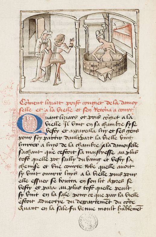 Liziart épie Euriant dans son bain<br/>miniature du Maître de Wavrin dans le Roman de Gérard de Nevers<br/>KBR- ms. 9631 – folio 12 verso