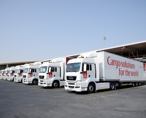 Emirates’ trucks parked at SkyCargo DWC terminal.