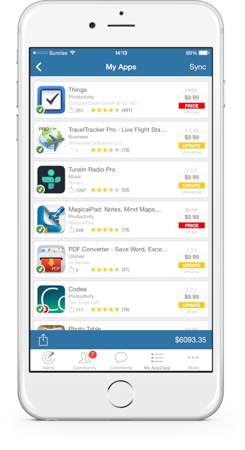 My Apps, App-Value on AppZapp Notify