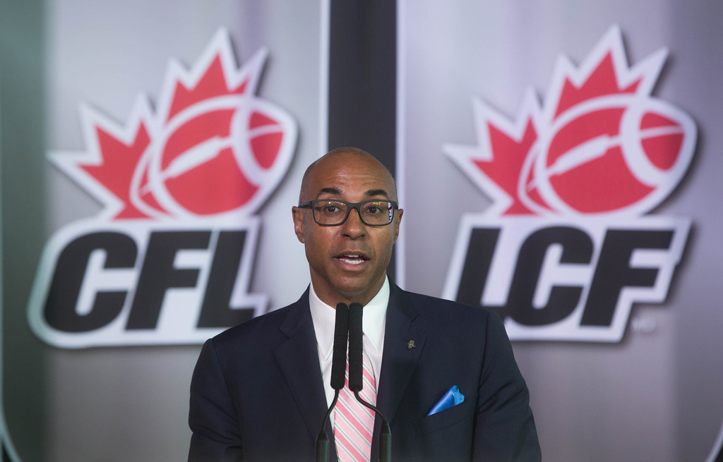 Canadian Football League Commissioner, Jeffrey L. Orridge speaks at the violence against women policy announcement in Vancouver, British Columbia.