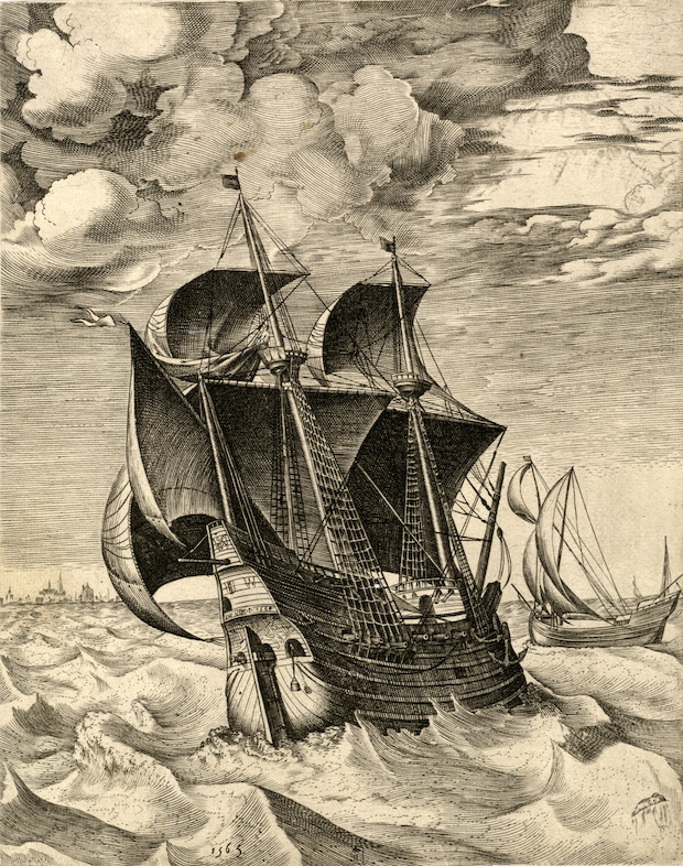 Frans Huys naar Pieter Bruegel de Oude, Zeilschepen in volle zee, gravure 24,4 x 19,3 cm, uitgegeven bij Hieronymus Cock, Antwerpen, ca. 1561-1565