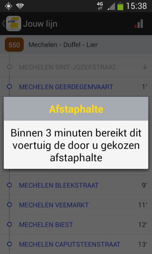 De Lijn - app halteaankondiging<br/>De app meldt dat het nog 3 minuten is tot de afstaphalte