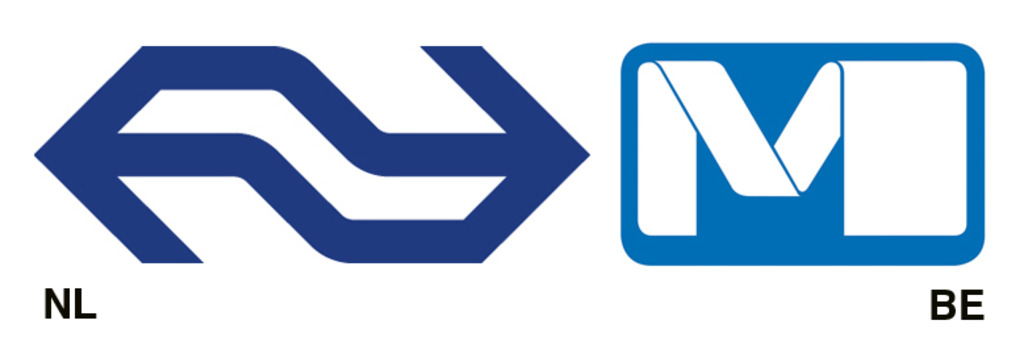 Links: Tel Design, logo Nederlandse Spoorwegen, 1967. Rechts: Jean Paul Emonds-Alt, logo Brusselse Metro, 1976.