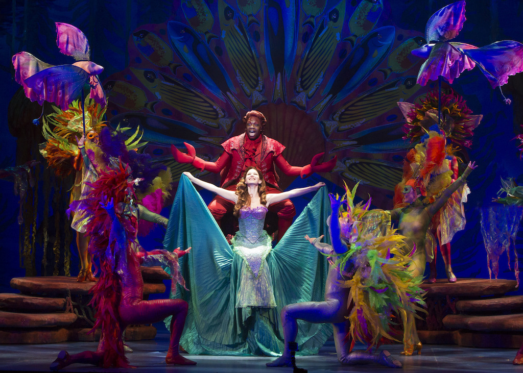 Melvin Abston as Sebastian, Alison Woods as Ariel and the cast of The Little Mermaid. Photo by Bruce Bennett, courtesy of Theatre Under The Stars