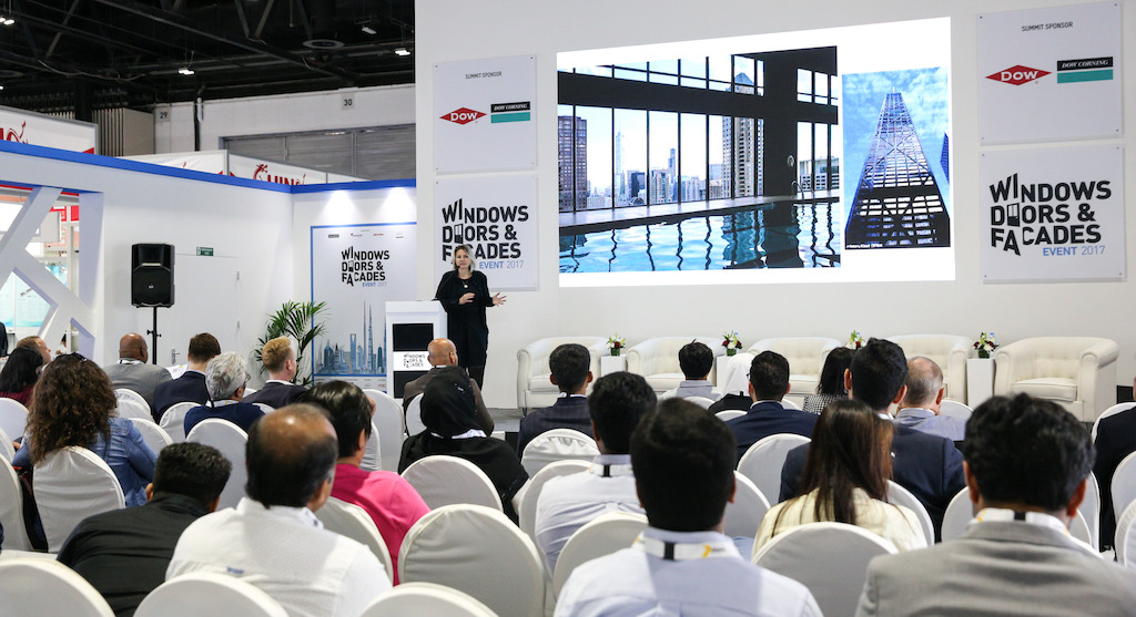 Agnes Koltay, Director at Koltay Facades, delivers a presentation at the Middle East Facades Summit