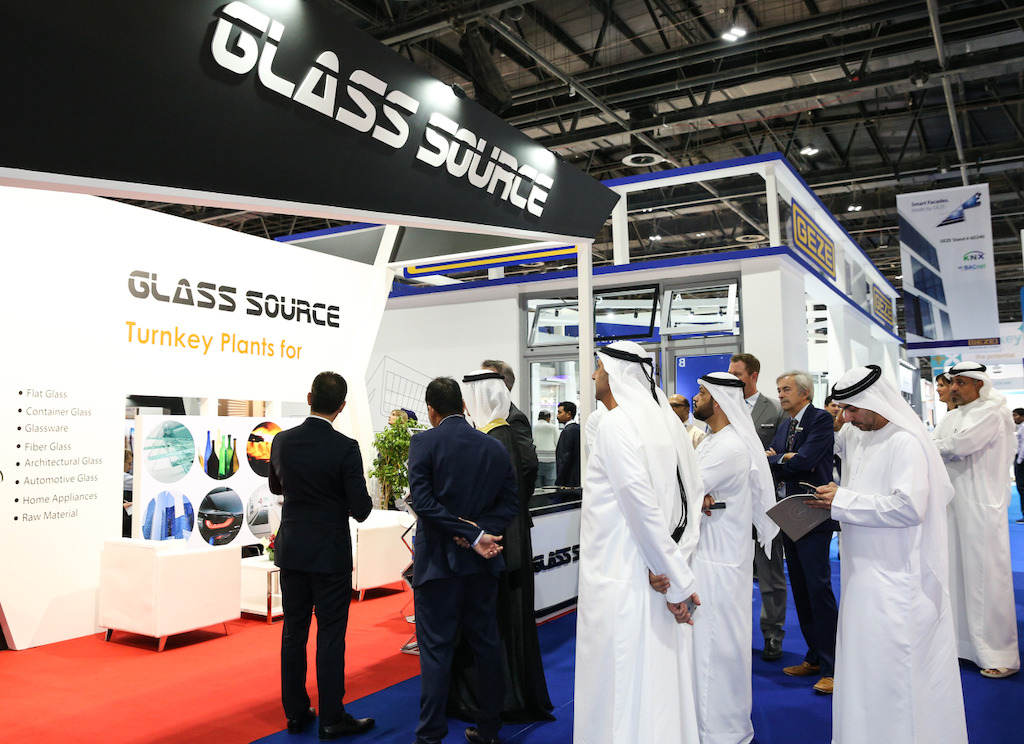 H.E. Saeed Mohammed Al Tayer, Managing Director and CEO of DEWA at a Gulf Glass stand