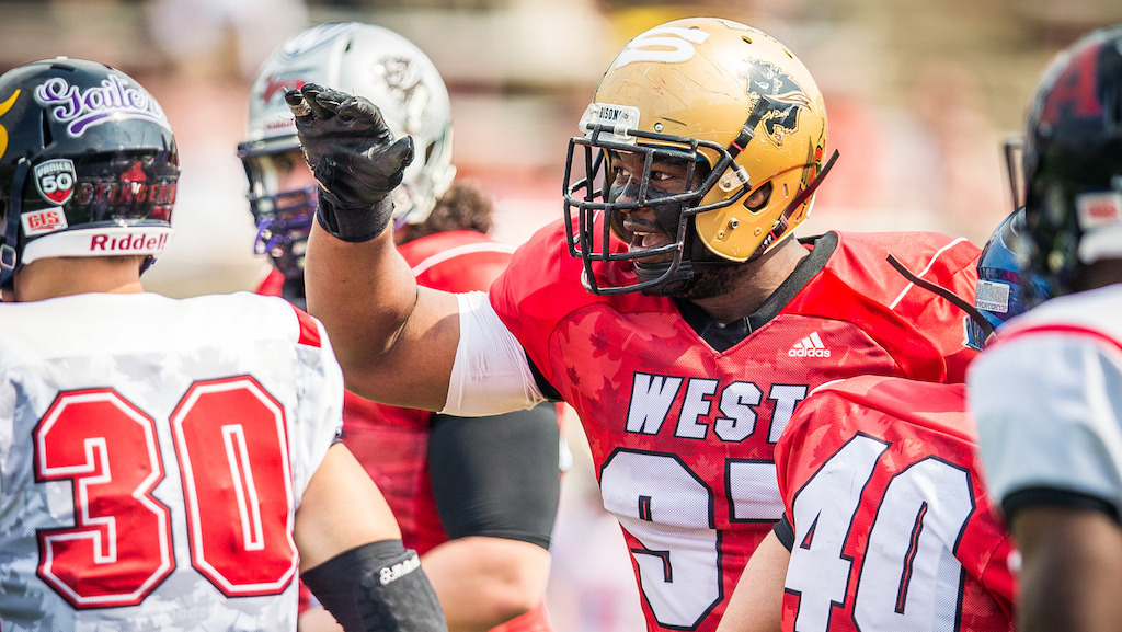 David Onyemata took over the top spot in the third and final CFL Scouting Bureau Rankings for the 2016 CFL Draft Class. Photo Credit: Johany Jutras/CFL.