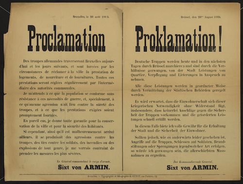Affiche: 'Proclamation à Bruxelles' (copyright: Les Archives de l'Etat en Belgique)