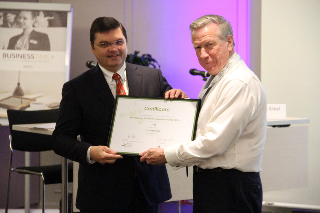 Winner in category LDPE: LyondellBasell represented by Richard Roudeix. Award handed by Ron Marsh, Chairman Polymers for Europe Alliance.