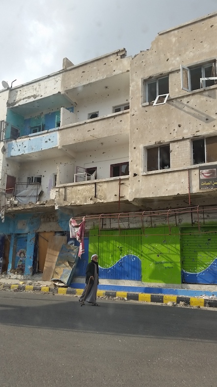 Bullet-riddled buildings in Taiz, Yemen. Taiz has been under siege since August 2015. Photo taken in January 2016. Credit: MSF