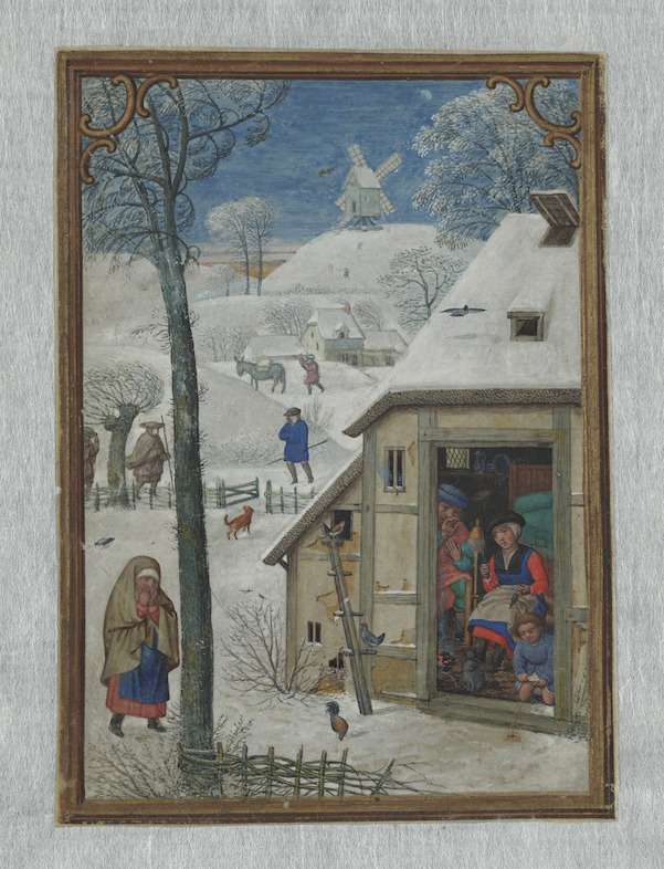 Januari, Simon Bening, in het Hennessy-getijdenboek, Brugge, ca. 1530, Koninklijke Bibliotheek van België, Handschriftenkabinet, II 158, fol.1v.