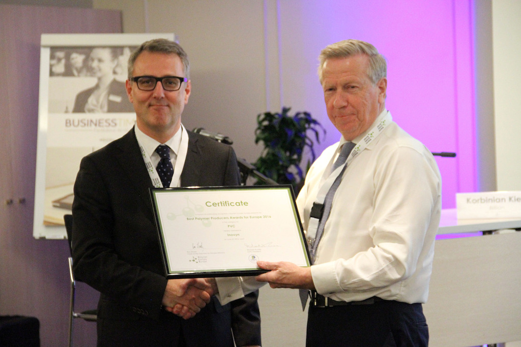 Winner in category PVC: Inovyn represented by Luc Castin. Award handed by Ron Marsh, Chairman Polymers for Europe Alliance.