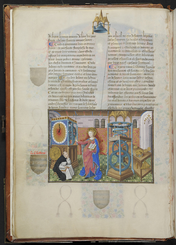 Wijsheid dicteert haar werk aan de schrijver Henricus Suso, toegeschreven aan de Meester van Jean Rolin, in Horologium Sapientiae, Henricus Suso, 1450-1460, Koninklijke Bibliotheek van België, Handschriftenkabinet, IV 111, fol. 13v.