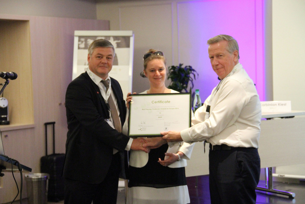 Winner in category PS: BASF represented by Pierre Pretesacque & Céline Beunaiche. Award handed by Ron Marsh, Chairman Polymers for Europe Alliance.