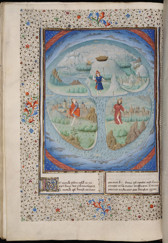 Mappamundi, Simon Marmion, in La Fleur des Histoires, 1459-1463, Koninklijke Bibliotheek van België, Handschriftenkabinet, 9231, fol. 281v.