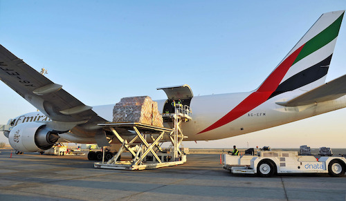 Cargo being loaded onto Emirates’ Boeing 777F at the Dubai World Central’s Al Maktoum International Airport.